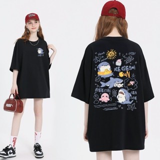 夏季可愛卡通鯊魚印花手繪短袖女圓領t恤寬鬆時尚instagram上衣