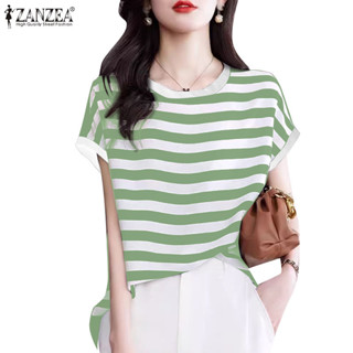 Zanzea 女式韓版休閒圓領落肩袖條紋寬鬆上衣