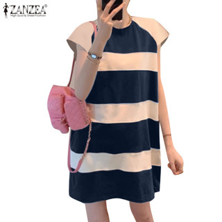 Zanzea 女式韓版時尚圓領短袖寬鬆條紋連衣裙