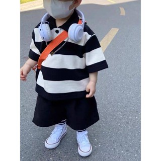 🌈Smile Kids🌈 兒童短袖套裝 臺灣出貨 條紋POLO衫短袖上衣網紅炸街童裝男童套裝夏季兒童男孩潮帥氣短褲