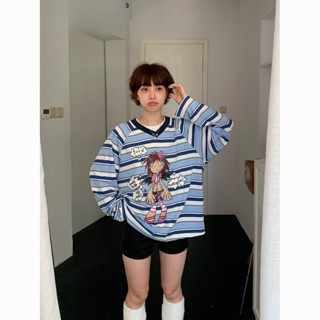 印花長袖 T 恤女裝秋季新款條紋 V 領寬鬆上衣 FJTPD4614 250314