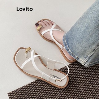 Lovito 休閒平底涼鞋素色交叉人字拖時尚夏季百搭軟底防滑外穿平底涼鞋女 LFA62259