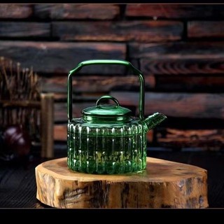 竹節壺綠色玻璃茶壺 耐高溫手提壺 綠色玻璃茶具套裝