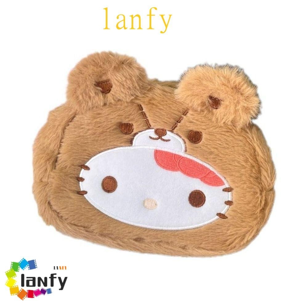 LANFYKitty毛絨筆袋,美拉德棕色Kitty毛絨鉛筆盒,大容量小貓時尚Kitty毛絨收納袋
