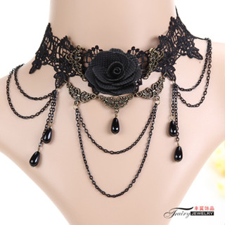 歐美eby誇張長款項飾禮服裝配飾黑玫瑰花蕾絲珍珠項鍊