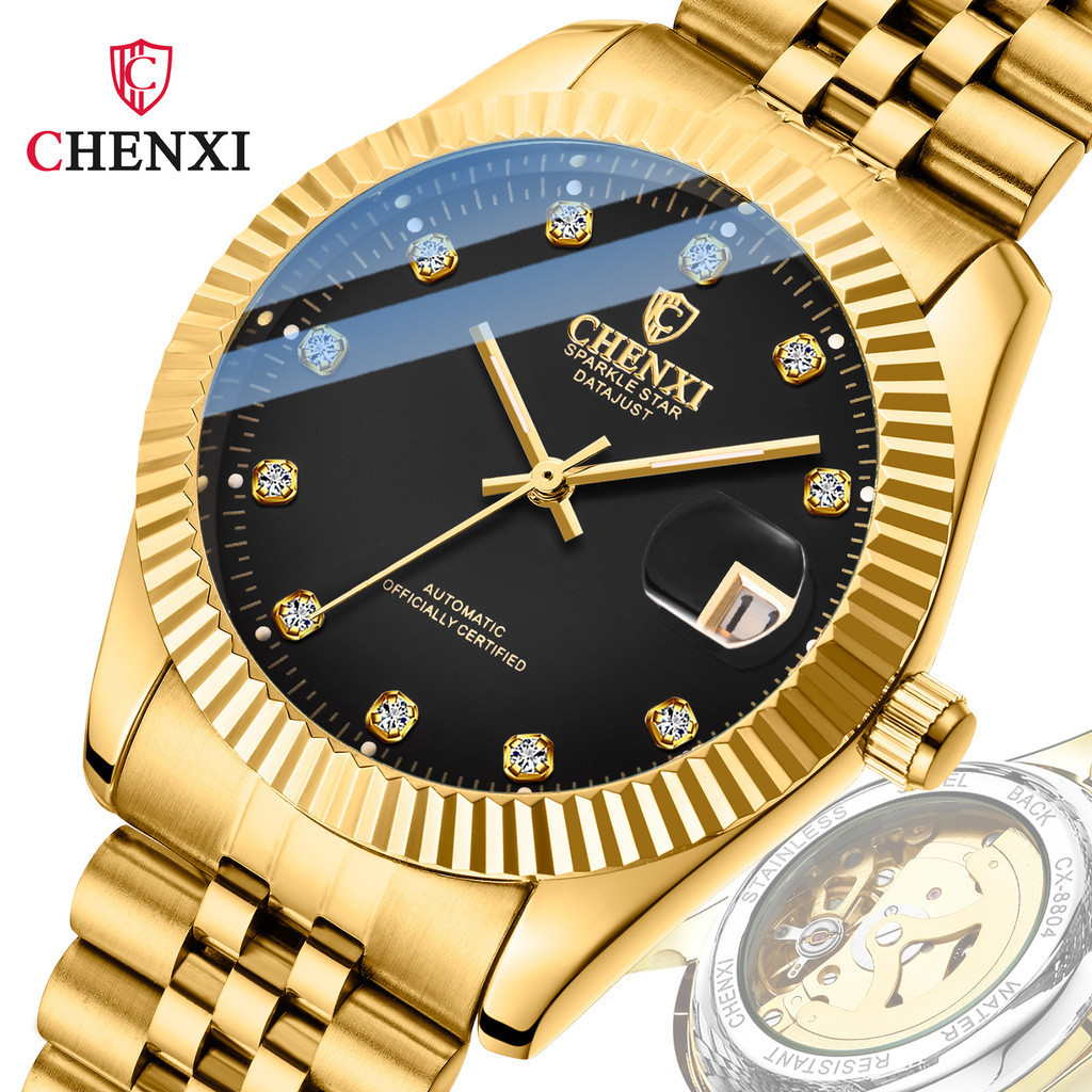CHENXI晨曦金色機械錶鋼帶手錶跨境時尚直播爆款商務腕錶方勝鐘錶