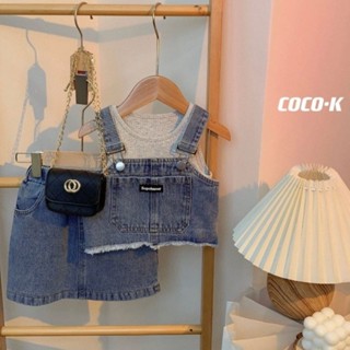 ✨夏季新品✨韓版童裝女童兩件式套裝春夏新款女童牛仔裙套裝素色磨毛設計感出遊小清新牛仔吊帶背心短裙休閒三件式潮正韓5