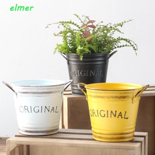 Elmer 金屬花容器,復古方便鐵花盆,花瓶圓形耐用,帶把手花桶農舍