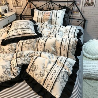 北歐風水洗棉床包四件組 標準/加大雙人床包組 淡藍色素雅荷葉花邊床包 山茶花少女被套 床單 床罩 雙人床包 枕頭套 被單