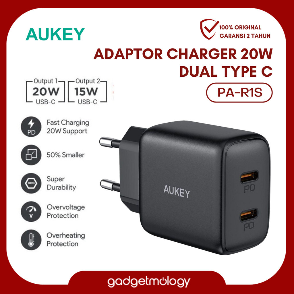 Aukey Swift 雙頭適配器快速充電器雙端口 C 型 PD3.0 20W 15W PA-R1S 原裝