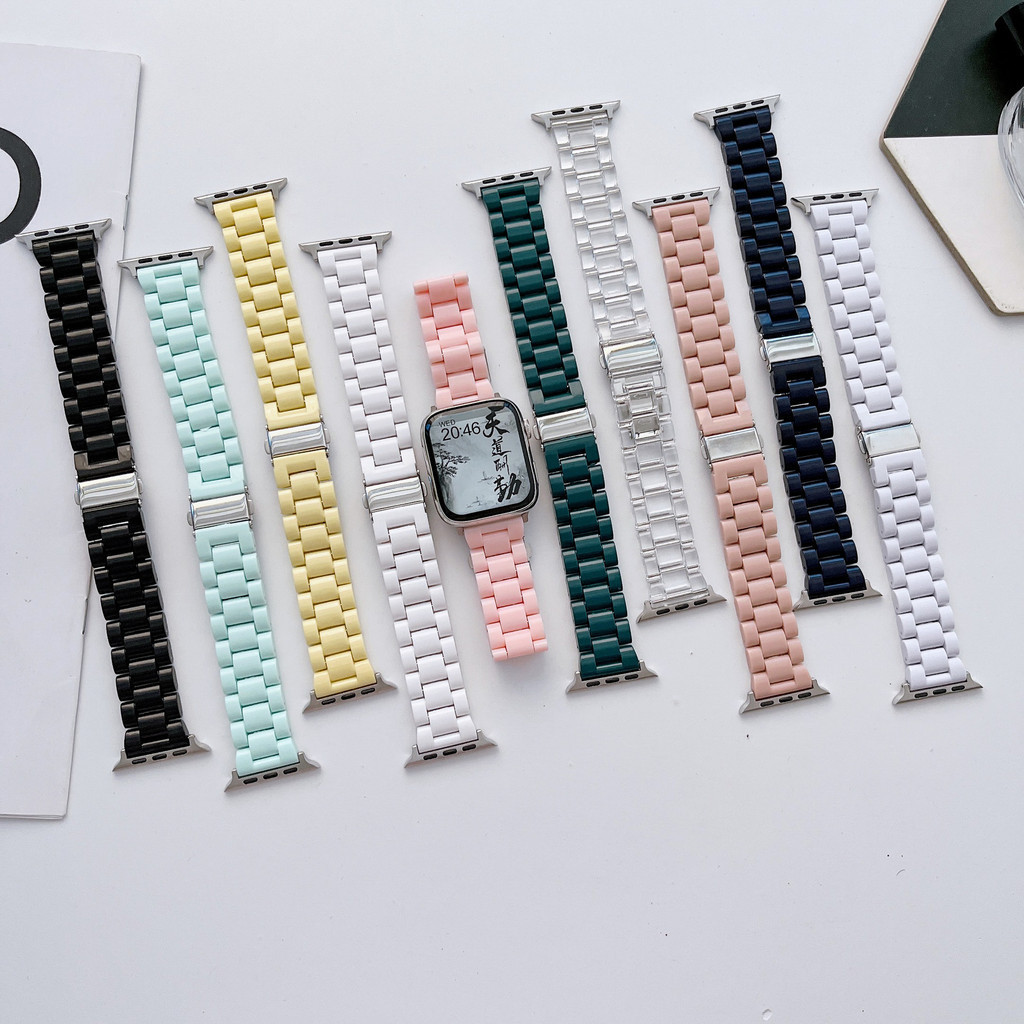 適用於apple watch SE防陶瓷手錶錶帶 蘋果9代塑膠糖果色三株腕帶