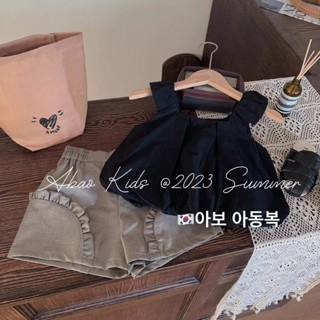 韓版童裝女童夏季時髦套裝洋氣黑色吊帶上衣短褲時尚