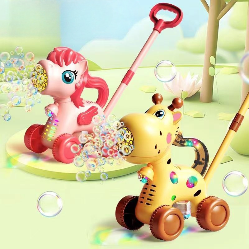 可愛長頸鹿兒童3-6歲手推車泡泡玩具小鹿泡泡機小馬電動吹泡泡機