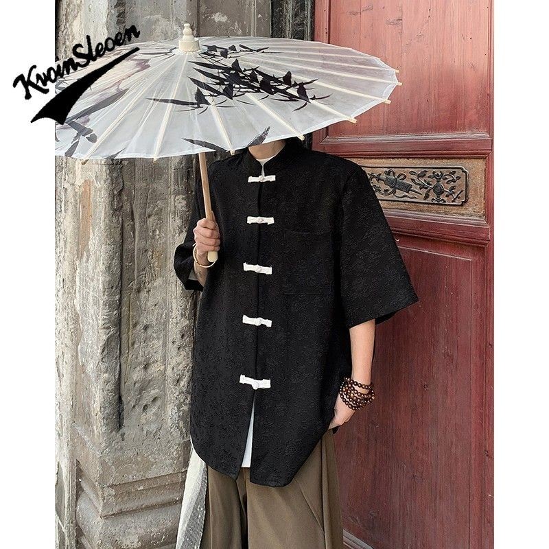 新中式國風短袖襯衫男夏季新款盤扣中山裝高級感寬鬆襯衫外套