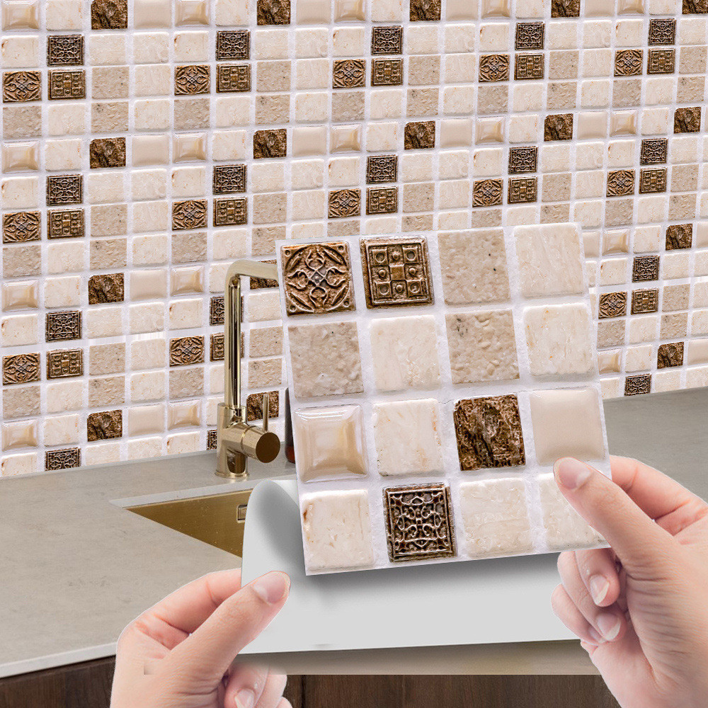 10 件/套 10X10CM 3D 馬賽克水晶瓷磚自粘 PVC 牆貼廚房浴室創意 DIY 防水壁紙