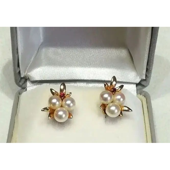 近全新 Mikimoto 耳環 珍珠 14k 紅寶石 日本直送 二手