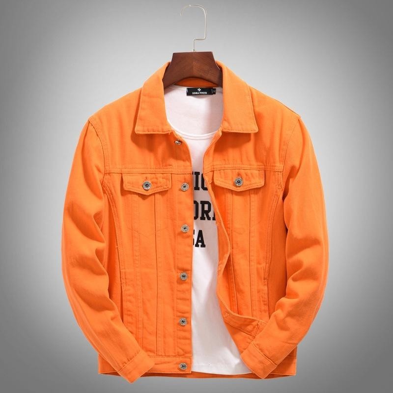 潮流四季高品質牛仔外套男寬鬆大尺碼韓版桔色橘色橙色休閒帥氣上衣夾克