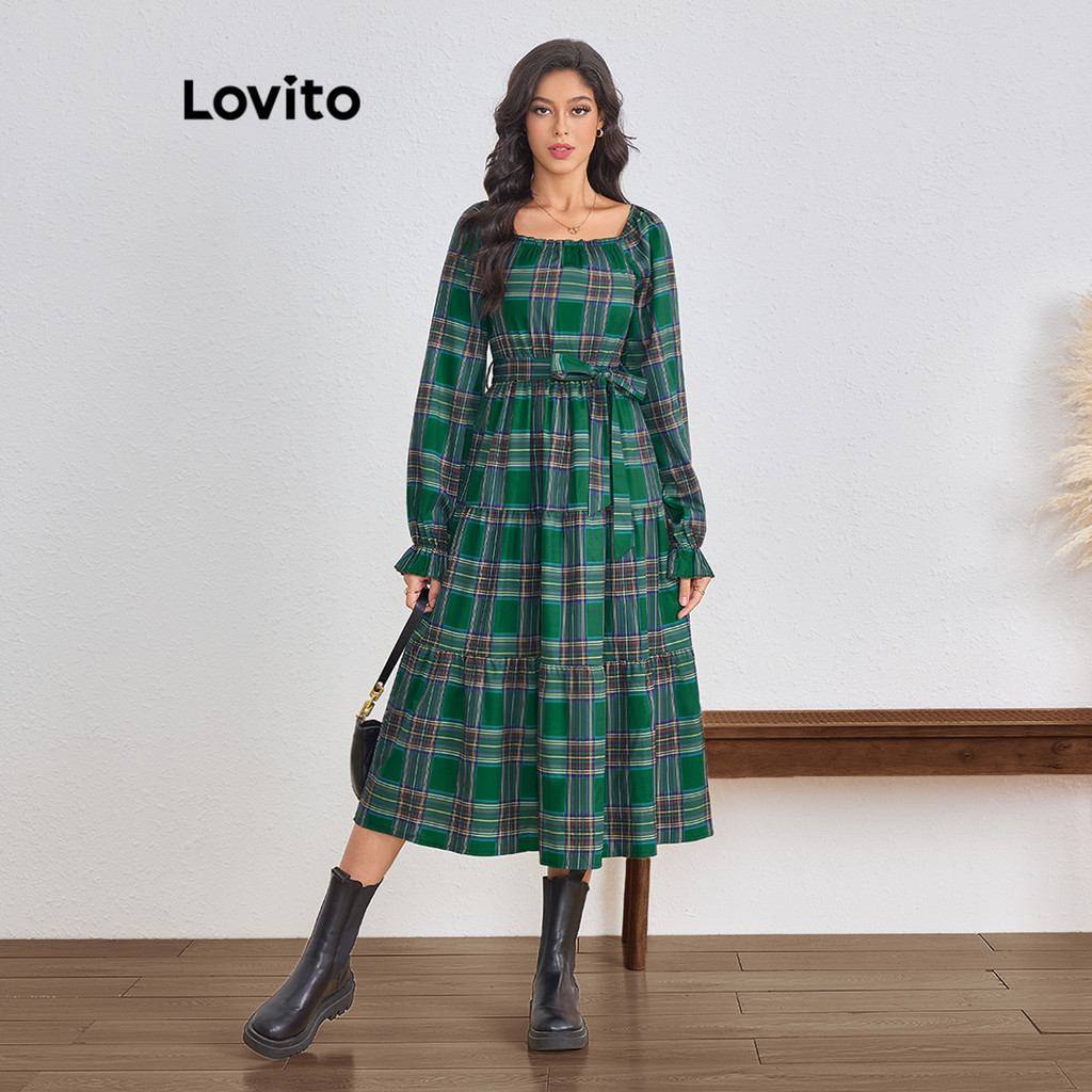 Lovito 女用休閒格紋縮褶腰帶疊層連身裙 LBL11432