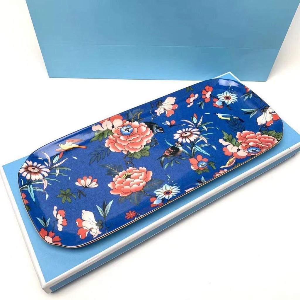 WEDGWOOD家嫣紅牡丹骨瓷盤子藍色點心盤長方形陶瓷餐盤禮盒裝