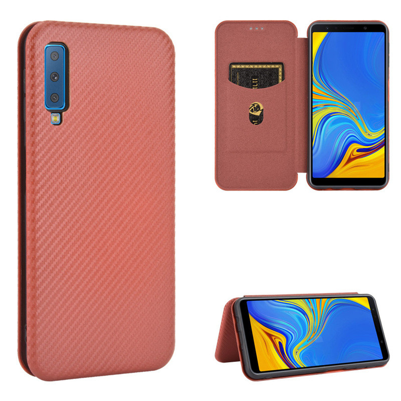 適用Samsung 三星A7 2018保護套A750手機殼磁扣插卡翻蓋耐髒耐磨碳纖維商務皮套素面書本式手機殼