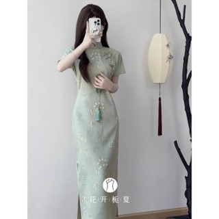 【店鋪熱銷】《落疆》綠色古法印花旗袍2025年新款新中式改良年輕款少女洋裝洋裝