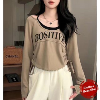 【女神館】臺灣發貨🔥設計感假兩件上衣女鞦季韓版撞色字母長袖T恤抽繩遮肉顯瘦打底衫