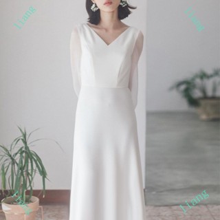 桃園出 特價 結婚登記白色洋裝法式輕婚紗禮服簡約婚紗訂婚宴會生日主持派對V型領長袖宴會氣質晚禮服訂婚領證I