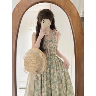 【HOT 本舖】 S-3XL 裙子女 夏季茶歇公主 仙女碎花 雪紡綠色吊帶裙 溫柔系 長裙法式連衣裙 女裙