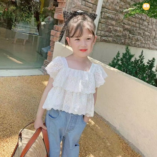 Momoko 臺灣出貨❤❤【甜美 鏤空 花邊上衣】女童夏裝2024新款韓版兒童洋氣蕾絲襯衫鏤空短袖女寶時髦上衣