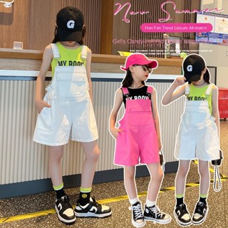 夏季新款女大童套裝 夏天揹帶褲套裝女童套裝 2025夏新款中大童糖果色純棉背心牛仔揹帶褲兩件套