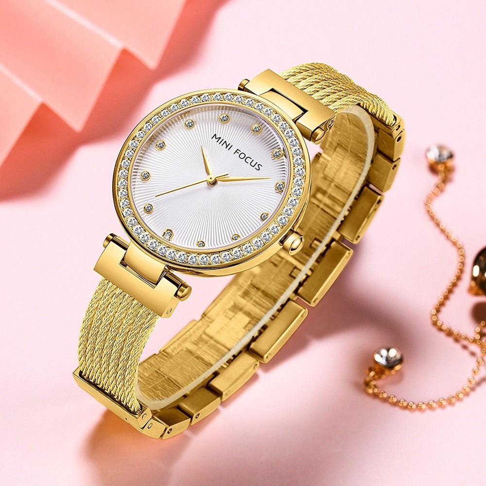 Mini Focus 0423 relojes para mujer 石英手錶女士 3 手復古女士手錶鑽石裝飾手錶女士禮