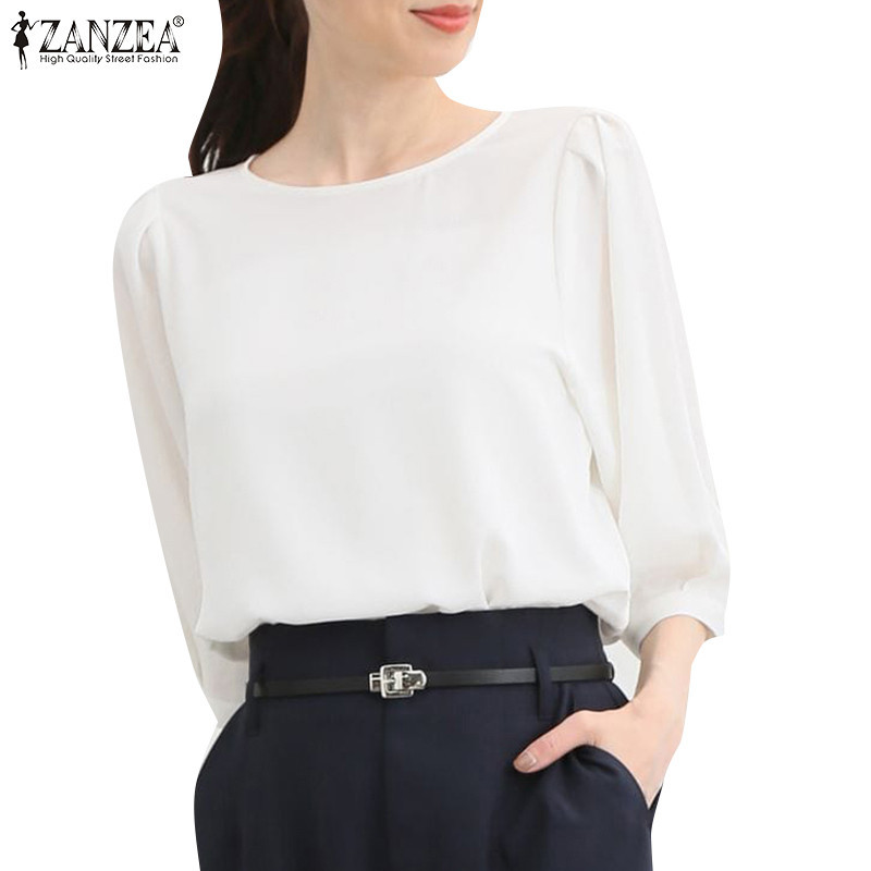 Zanzea 女式韓版休閒時尚純色圓領 3/4 袖襯衫