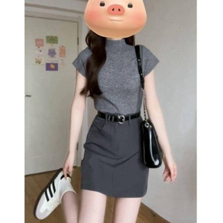 套裝女2024夏季新款甜辣妹半高領修身短款針織上衣高腰顯瘦半身裙