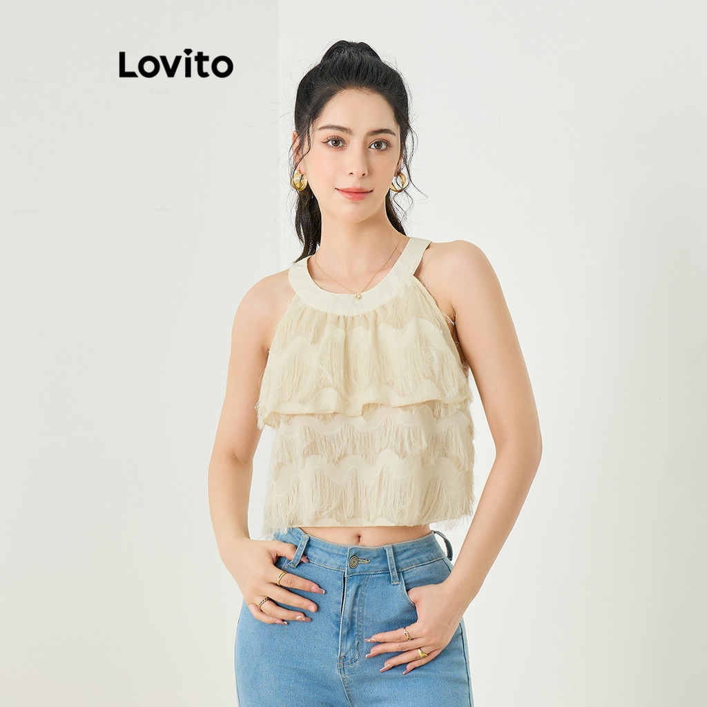 Lovito 休閒素色流蘇分層羽毛特種工藝布料女士背心 L83ED069