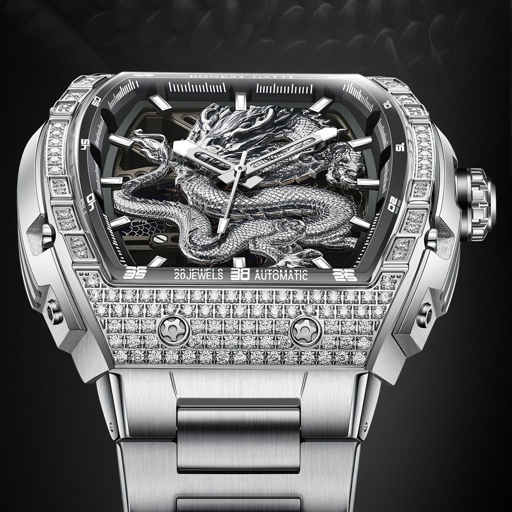 【現貨】德國布加迪手錶浮雕龍年全自動機械錶男士正品原裝精鋼潮款腕錶