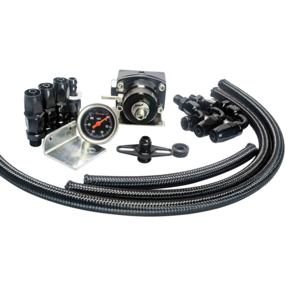 全黑燃油壓力調整器帶商標油管接頭套裝壓力65-96psi