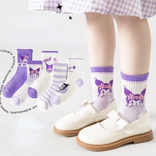 三麗鷗 5pairs Sanrio Kuromi 女童襪 Kawaii Melody 絲襪紫色精梳棉中筒襪