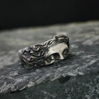 創意維納斯面具戒指男士復古古董銀浮雕可調節戒指男首飾
