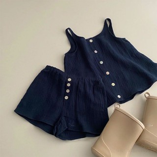 韓系 女童 套裝 夏季 薄款 吊帶 上衣 時髦 短褲 洋氣 2024 新款 女寶寶 夏裝 兩件套