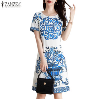 Zanzea 女式韓版復古時尚派對印花短袖下擺連衣裙