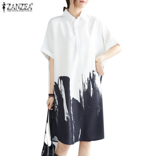 Zanzea 女式韓版時尚寬鬆復古印花短袖假日迷你連衣裙