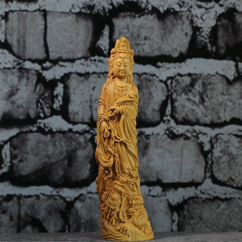 小葉黃楊木雕乘龍如意觀音菩薩家居飾品中式擺件佛像實木雕刻工藝文玩收藏品送禮