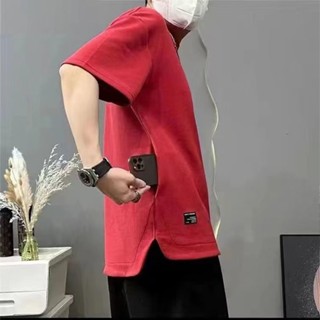 【L-5XL】隱藏式口袋t短袖 設計感上衣男 落肩 夏季男士短袖T恤百搭口袋拼接寬鬆潮牌男裝大尺碼運動圓領小眾上衣