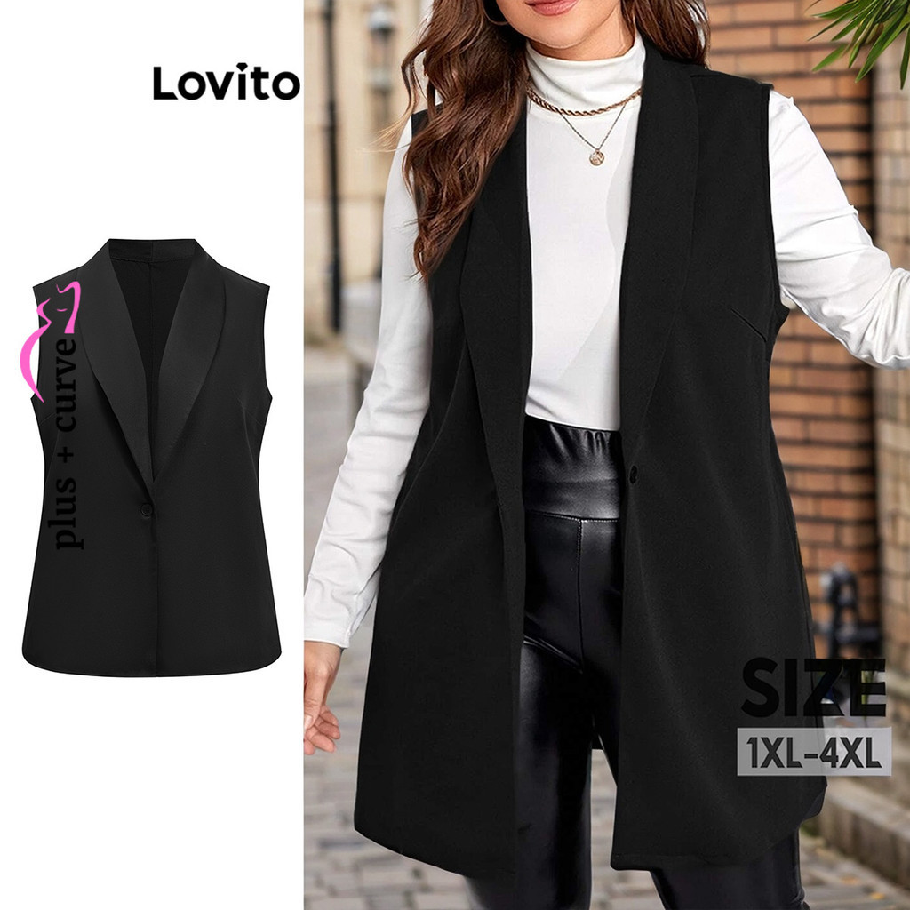 Lovito 大尺碼休閒素色結構線條凹口領女式西裝外套 LBL10085