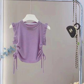 【新品熱賣】正韓童裝女童衣服兒童短袖圓領上衣女童夏裝抽繩背心夏季洋氣素色荷葉時尚百搭吊帶T恤5