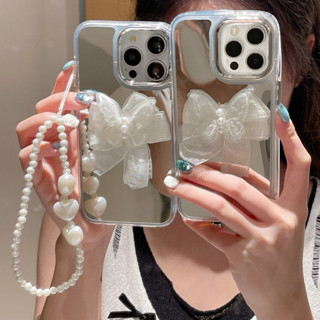 Tk爆款 立體紗蝴蝶結 奢華珍珠掛鏈 小香風 手機殼 適用於 iPhone 16 15 14 13 12 pro max
