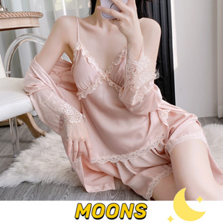 Moons⭐性感純色冰絲睡衣女套裝 可拆式胸墊睡衣 夏季薄款吊帶短褲套裝 冰絲睡袍 三件式睡衣緞面睡衣性感睡衣韓國家居服