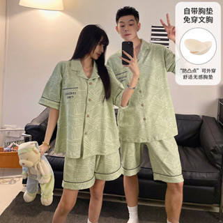 【情侶睡衣】夏季短袖睡衣男女 帶胸墊睡衣 男生睡衣 男女短袖短褲 可外穿家居服兩件套 開衫睡衣 情侶睡衣套裝 卡通睡衣