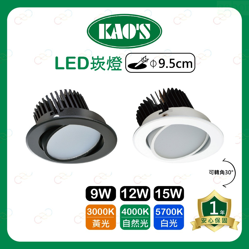 家家亮~附發票 KAOS LED 9.5cm 可轉角 崁燈 9W 12W 15W 廣角 嵌燈 導光板 擴散板