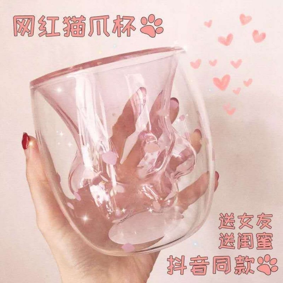 「雙層杯」現貨 網紅貓爪杯印花高硼硅玻璃咖啡杯手工吹制耐熱茶杯雙層創意 玻璃杯